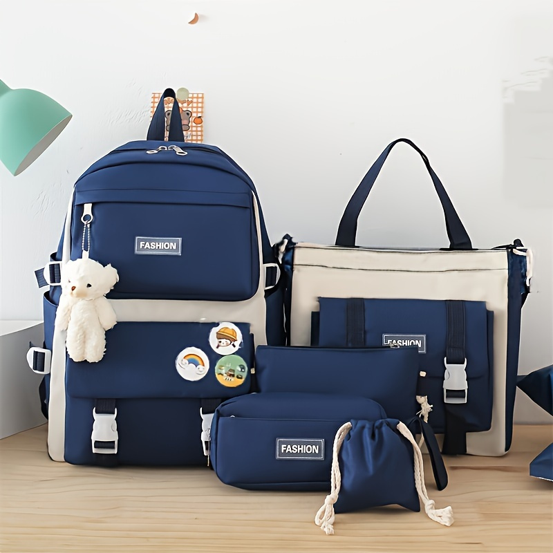 Conjunto de 5 Peças de Mochila Kawaii com Urso de Pelúcia e Distintivo 11
