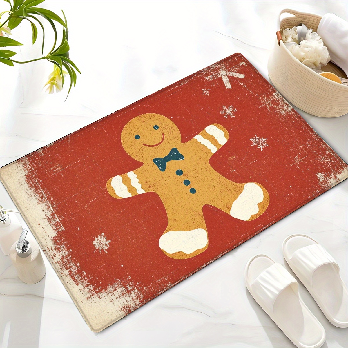 Tapis De Bain De Noël 66x66 Cm - Motif Père Noël Cartoon - Dessus Polyester Absorbant, Dessous Antidérapant - Déco Festive Salle De Bain - 4