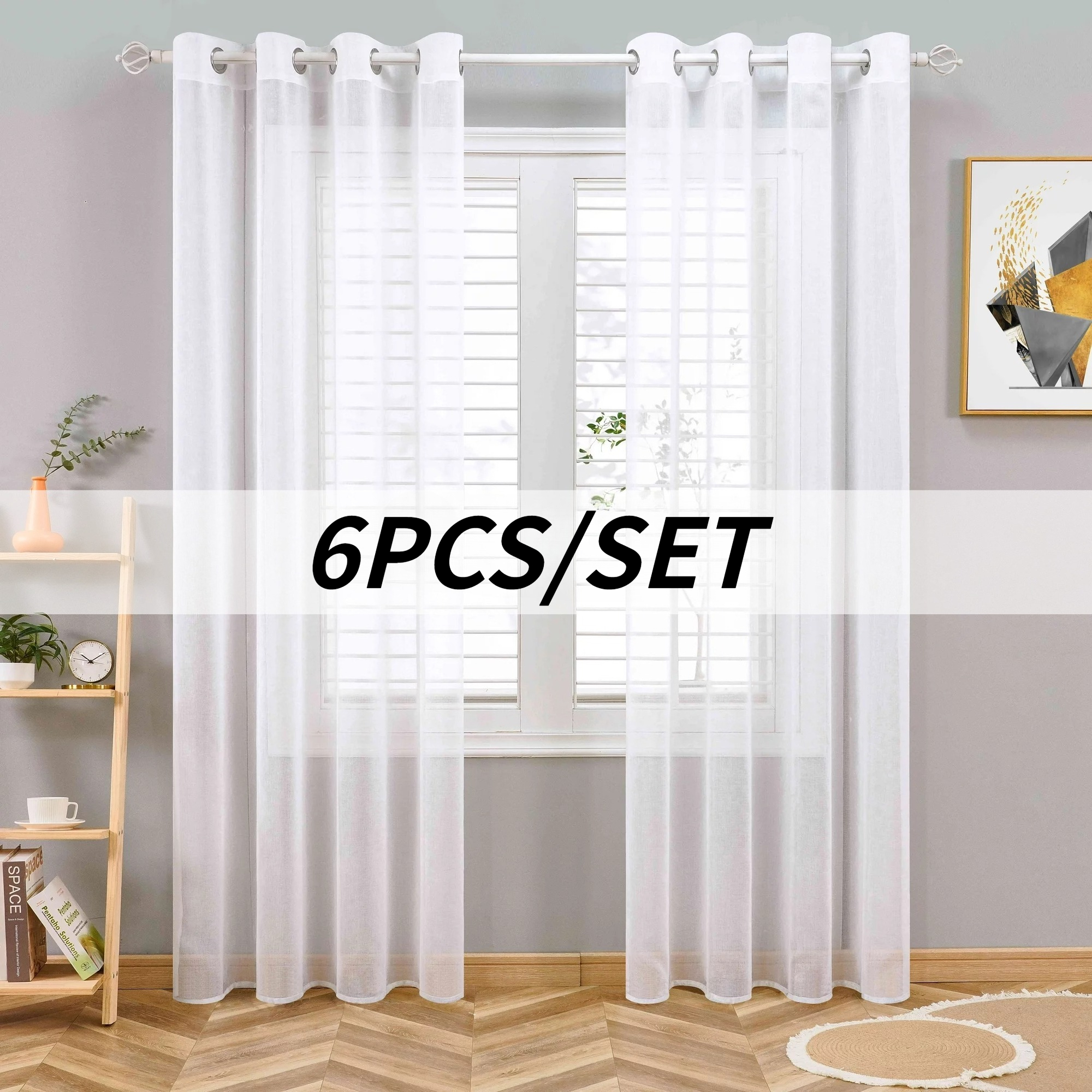 Image of 6pcs Solid Color White Sheer Curtains, Sheer Light Filtering Window Coverings Curtains For Dining Room, Bedroom And Living Room