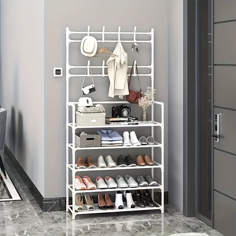 1 Multi-functional Metal 5-Tier Shoe and Hat Rack - 60.96 cm with Detachable Hooks, Multi-layer Design, Freestanding Organizer for Home and Apartment - Available in Black or White