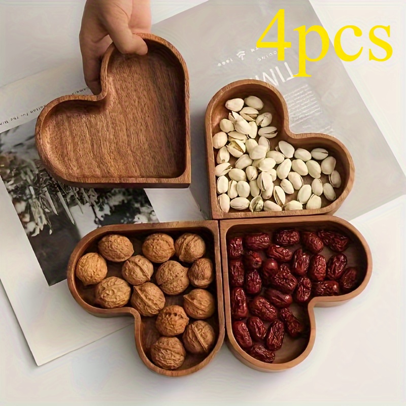 Image of Faridabio, 2/ 4pcs Heart-shaped Solid Wood Tray Wooden Tray Home Decor Farm Decor Dried Fruit And Nut Tray For Food And Drink Stackable Heart-shaped Walnut Tray Home Kitchen Items Home Decor