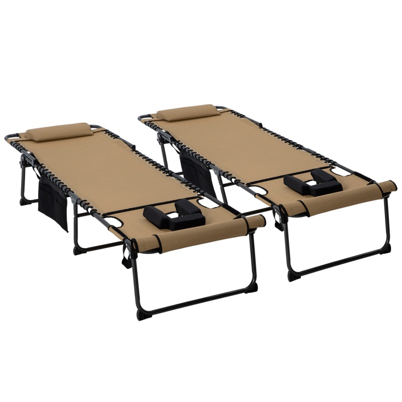 Outsunny 2pcs Folding Chaise Lounge with 5-Level Reclining Back, Outdoor Tanning Chair with Reading Face Hole, Outdoor Lounge Chair with Side Pocket And Headrest for Beach, Yard, Patio, Beige