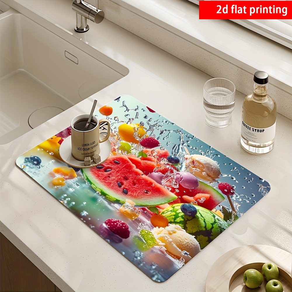 TEMU 2d Flat Printing, 1pc, Colorful Fruit Pattern Printed Absorbent Placemat, Tableware Drying Mat, Made Of High-quality Non-slip Rubber Base,