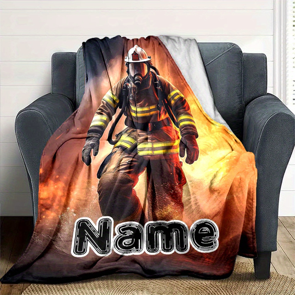 TEMU 1pc Couverture de - Douce et Chaude pour Toutes Français avec Motif Pompiers & Flammes, Option Nom Personnalisable pour Canapé Bureau Maison ou