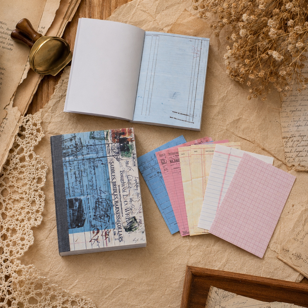 TEMU 48 Sheets Vintage Washi Sticker Book, Retro Ephemera Paper Pack, Ledger Grid Blue Print Style Decorative Paper Set, Junk Journal Supplies For