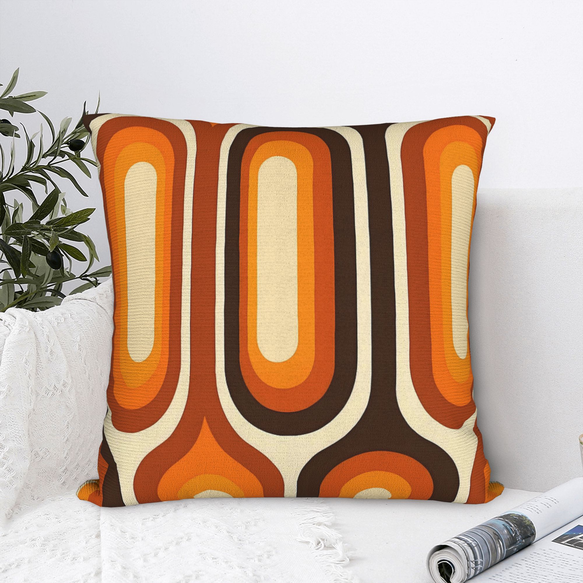 TEMU 1pc Mid-century Modern Vintage - Double-sided Orange Geometric Pattern, Single-sided Print, Zipper Closure, Machine Washable, Decorative