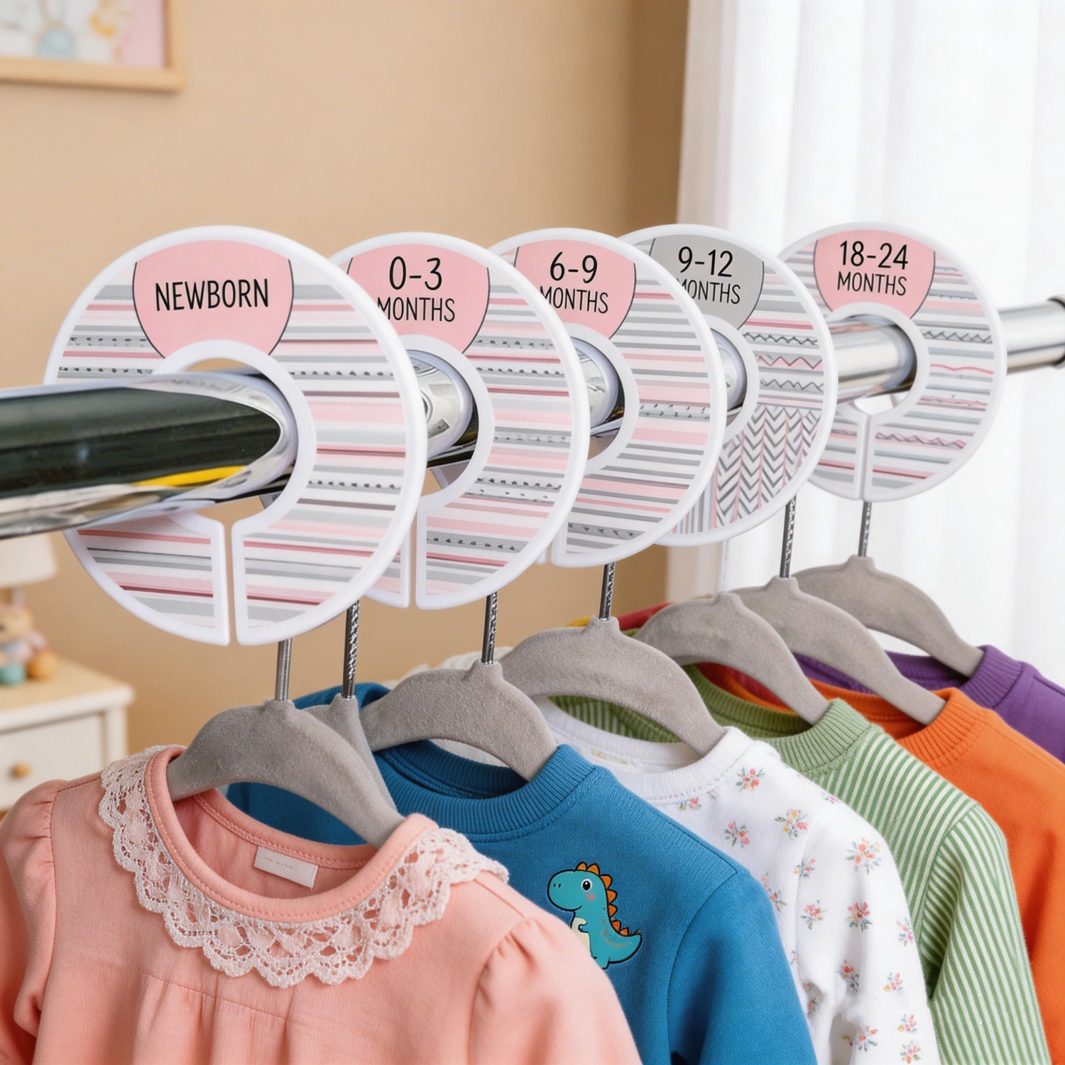 Image of 74pcs Closet Organizer - 60 Grey Velvet Hangers With 14 Closet Size Dividers, Non Slip Clothes Hangers For Ne-w/born To 24m Wardrobe Storage