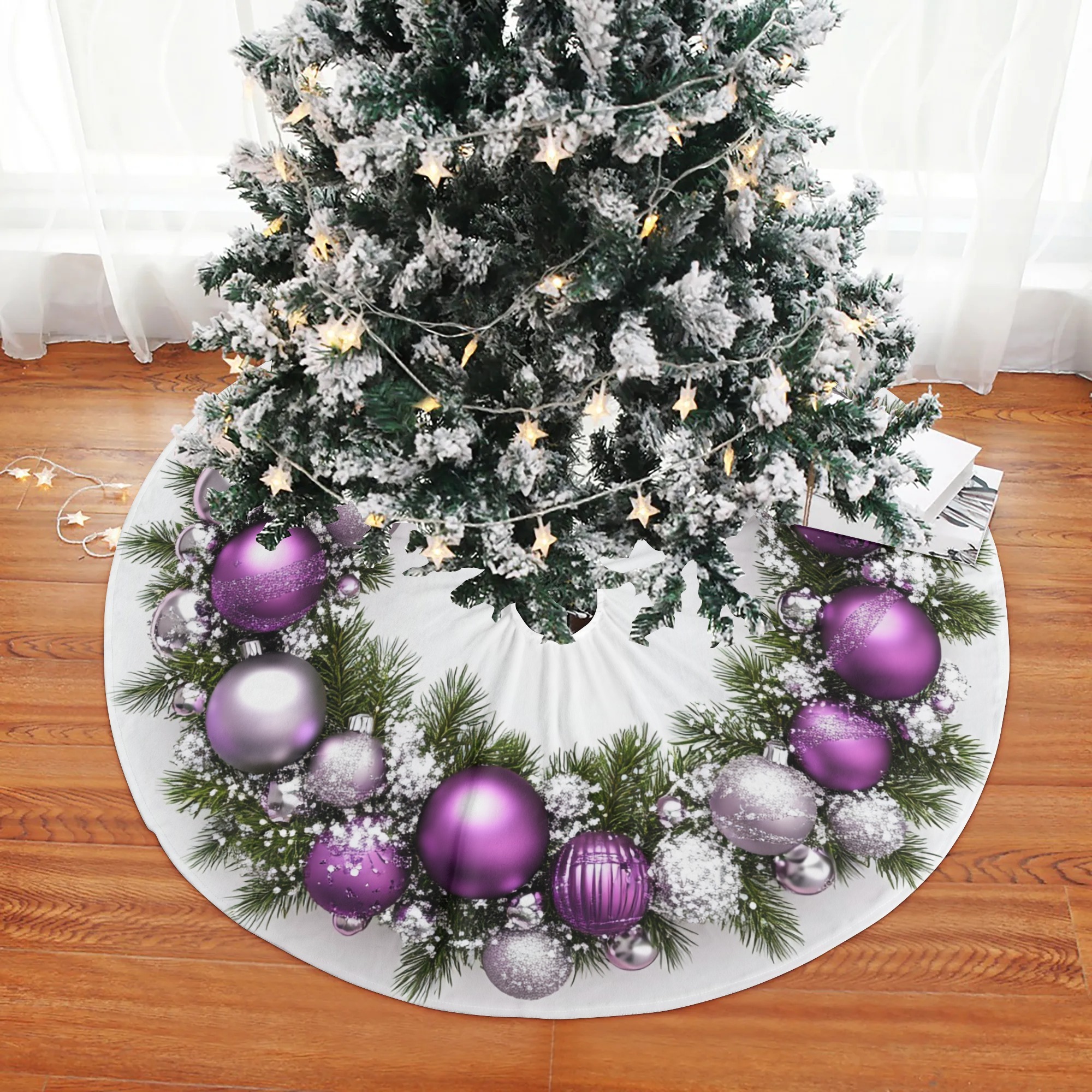 

Purple Christmas Tree Skirt With Snowflakes & Pine - 48" Polyester For Holiday Parties And Home Decoration