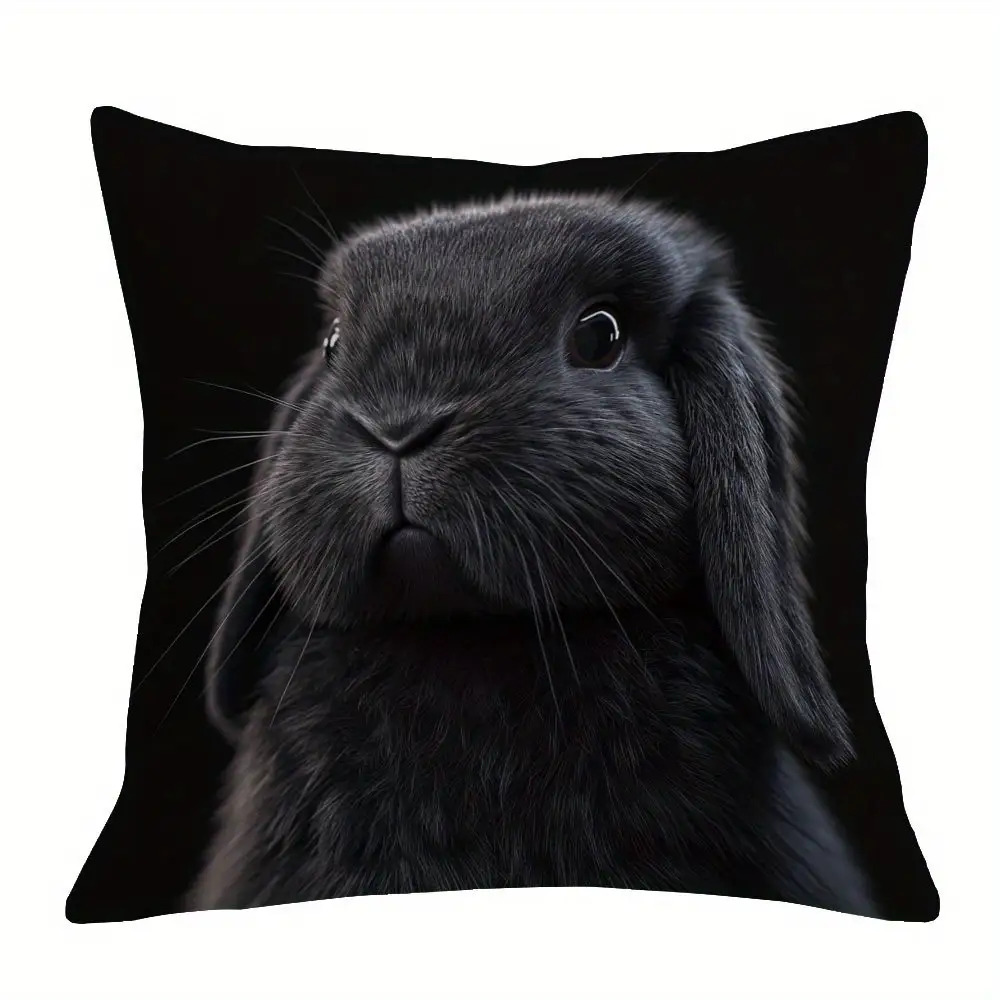 TEMU 1pc Black Rabbit Pattern Pillowcase - Realistic Printed Design, Soft Polyester Fiber Material, Smooth Polyester Short Plush Fabric, Single-sided