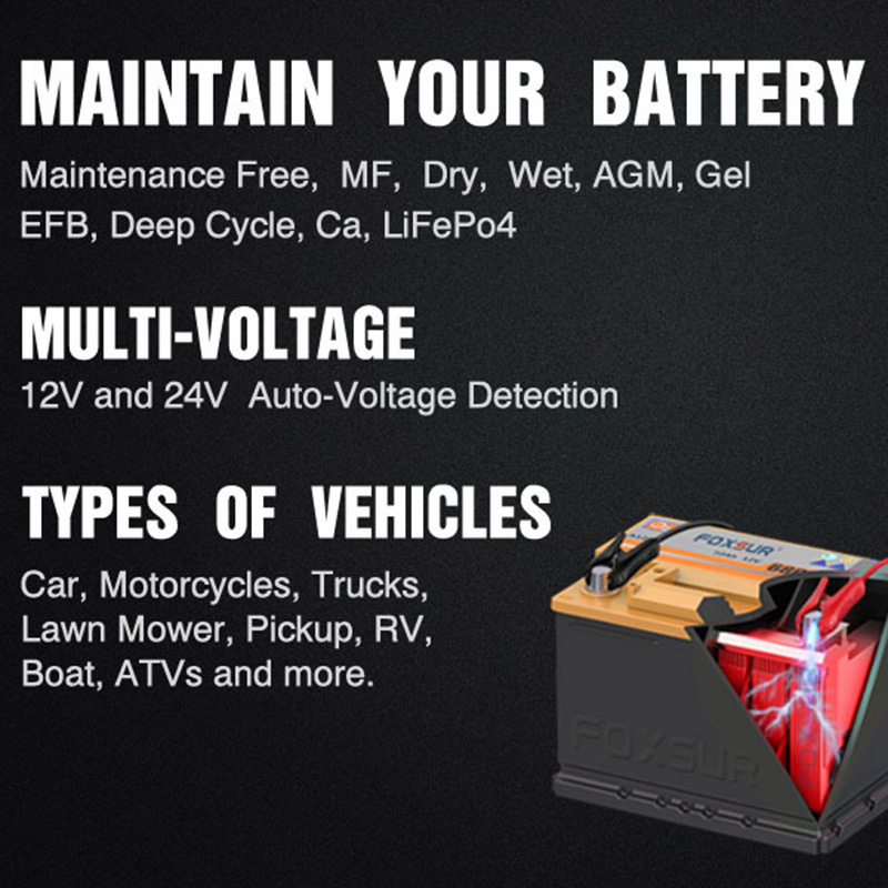 12-Amp 7-Stage Car Battery Charger for Wet/GEL/SLA/LiFePO4/Lead-Acid/AGM  Batteries, 12V/ 24V Smart Battery Charger/Maintainer, for ATVs/Golf