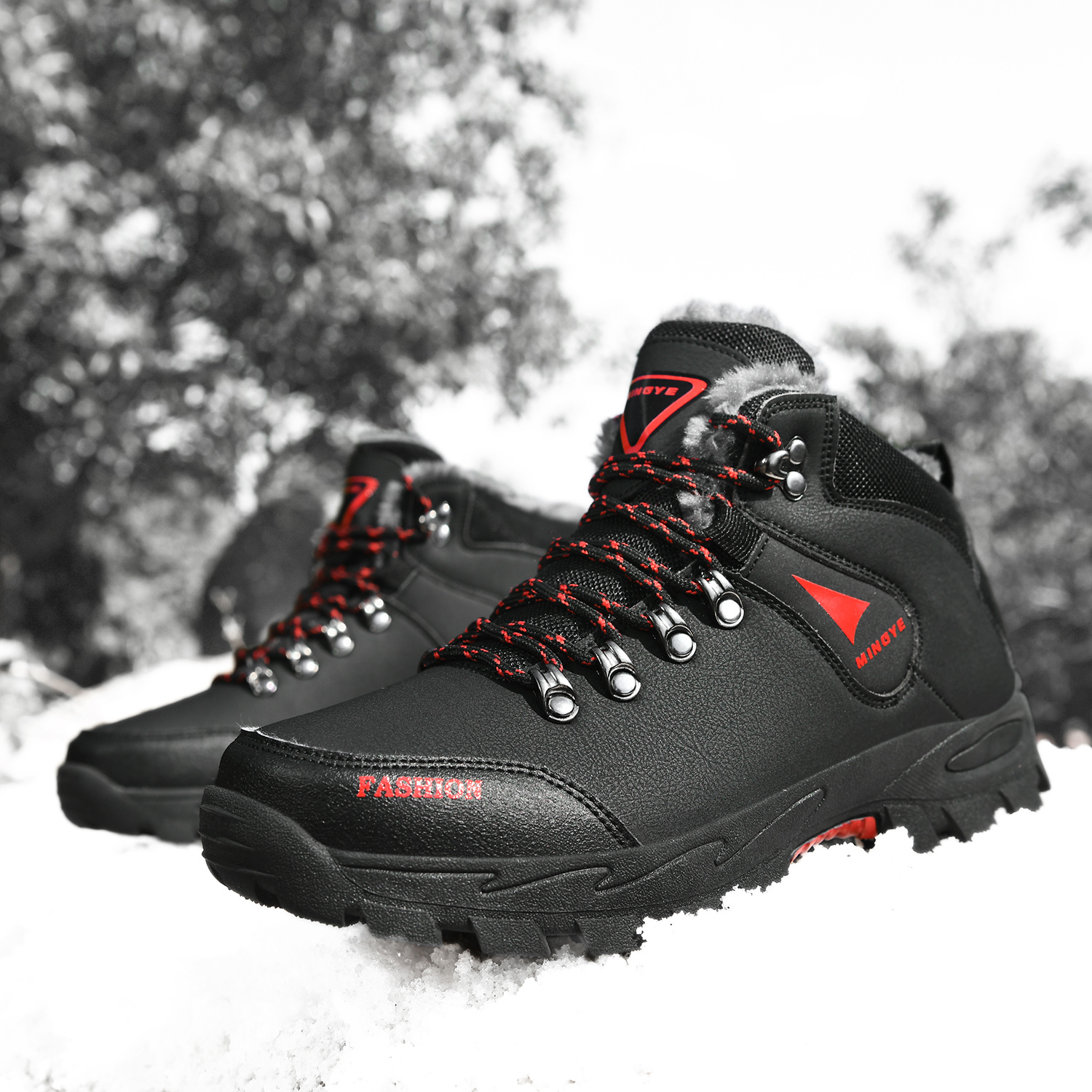 Casual PU Round Toe Boots, Men's Ankle Outdoor Waterproof Non-Slip Warm Fleece Shoes Comfortable for Winter,Temu