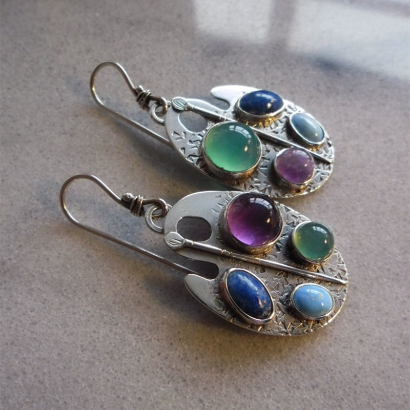 Antique Silver Hand Carved Pattern Earrings with Lazuli Stone