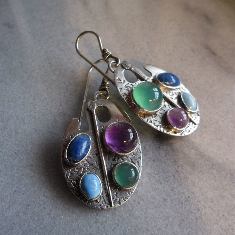 Antique Silver Hand Carved Pattern Earrings with Lazuli Stone