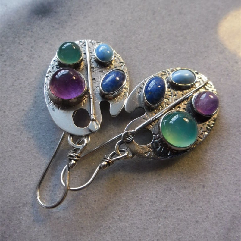 Antique Silver Hand Carved Pattern Earrings with Lazuli Stone