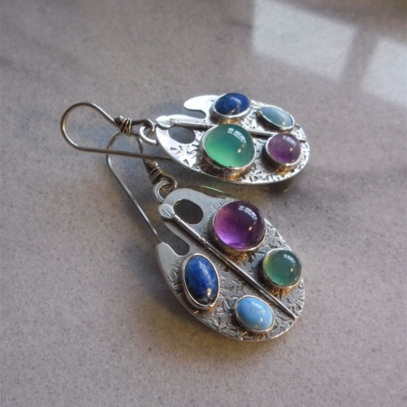 Antique Silver Hand Carved Pattern Earrings with Lazuli Stone