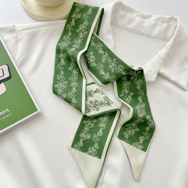 Green Hair Band Long Silk Scarf Women's Printed Decorative Scarf