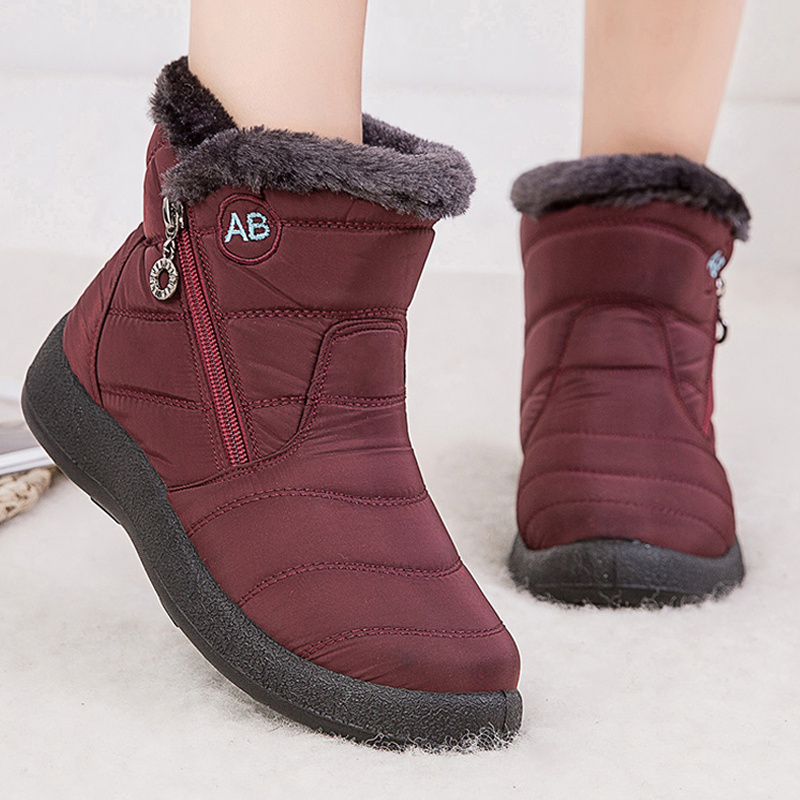 Solid Leather Round Toe Ankle Boots, Women's Warm Faux Fur Lined Snow ...
