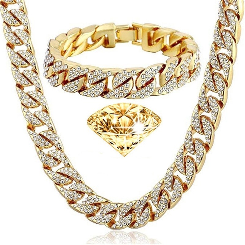 

Iced Out Bling Rhinestone Crystal Cuban Link Chain Men's Hip Hop Necklace Jewelry