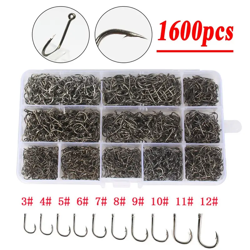 1600pcs High Carbon Steel Barbed Fishing Hooks - With Ring Hook for Carp &  Other Fish - 3#-12#