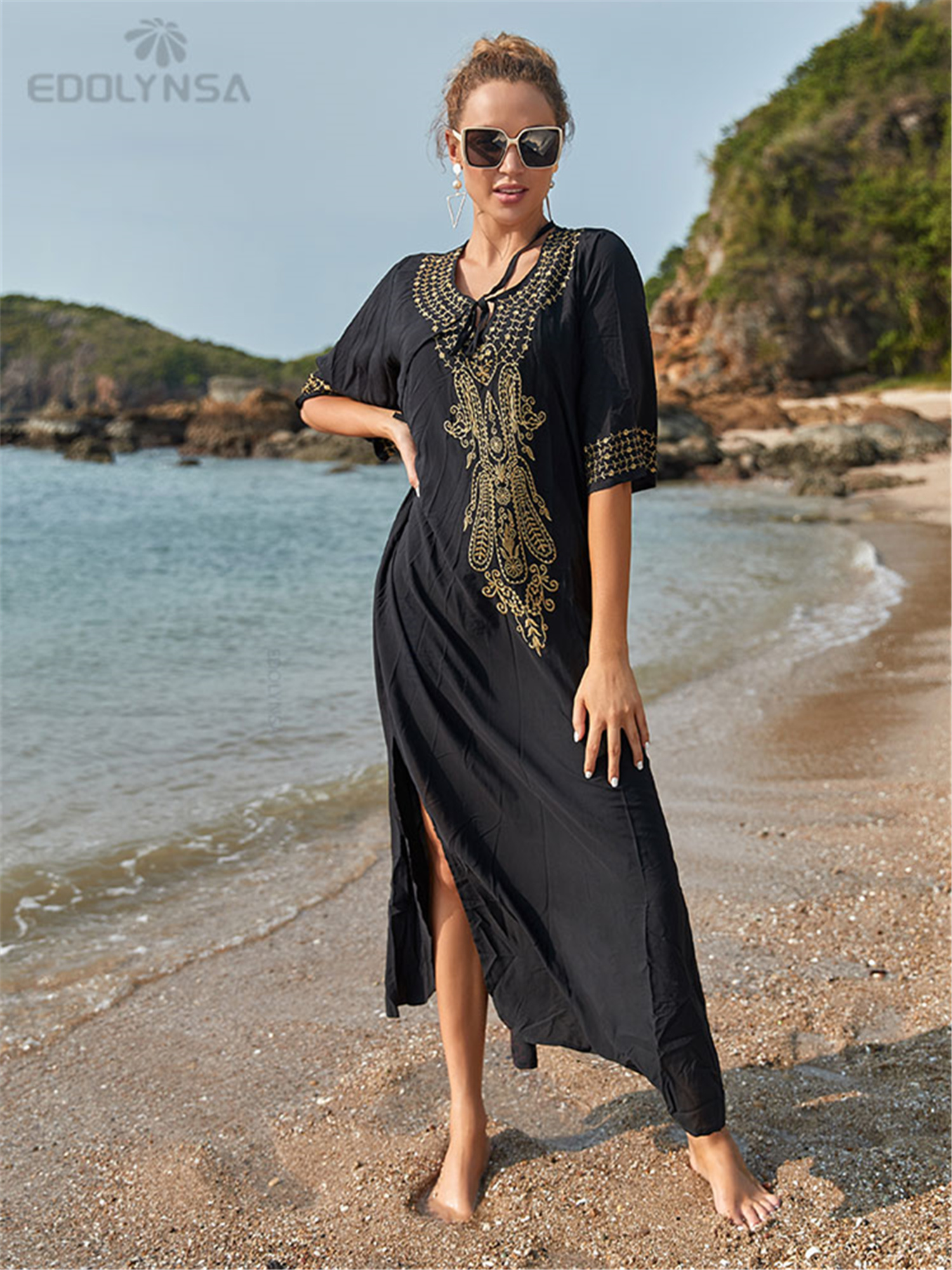 Solid Kaftan Maxi Dress Split Beach Vacation Dress Summer - Temu Canada