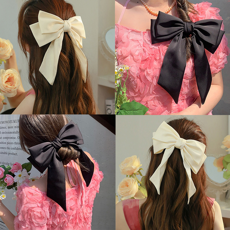 Big Hair Bow Clips French Style Solid Color Long Silk Ribbon - Temu