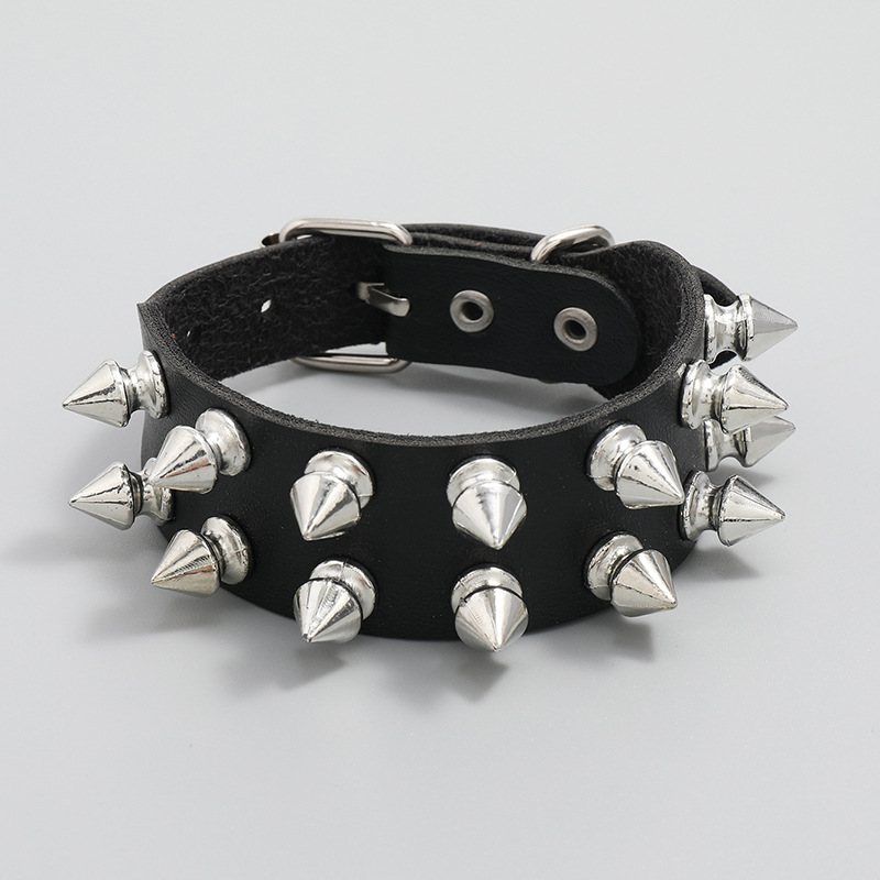 Gothic Emo Grunge Punk Rock Wide Leather Spiked Bracelet - Silver Spikes