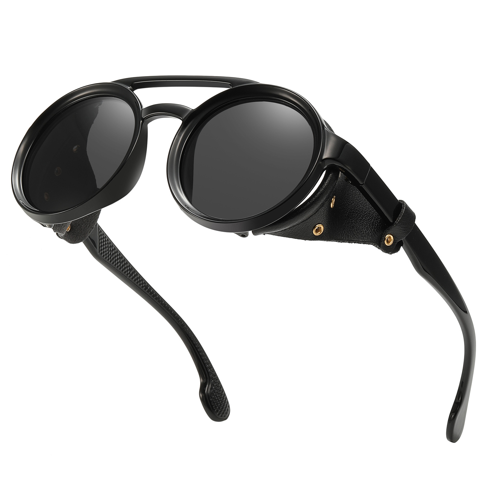 Vintage Steam Punk Style Round Polarized Sunglasses with Leather Side Shield