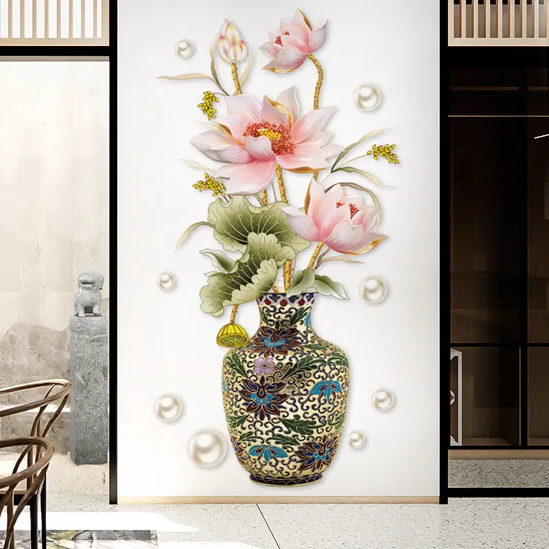 1pc Pegatina de pared de estilo chino para jarrón, calcomanía de pared de  flor de loto rosa, decoración de pared de perlas, arte mural de vinilo DIY p