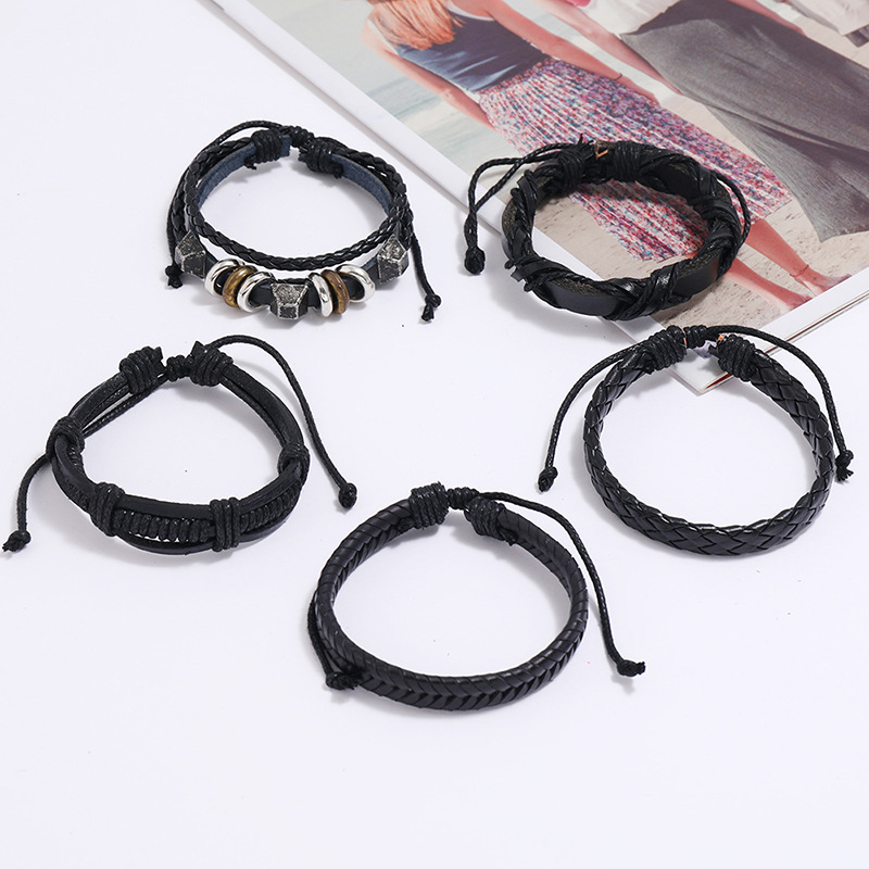 6pcs Multi-layer Punk Wrap Braided Wristband Leather Bracelets Cuff Bangle  Men