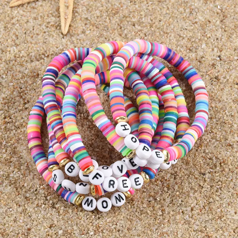 1 Acrylic Boho Word Beaded Bracelet Alphabet Beads Bangle Summer
