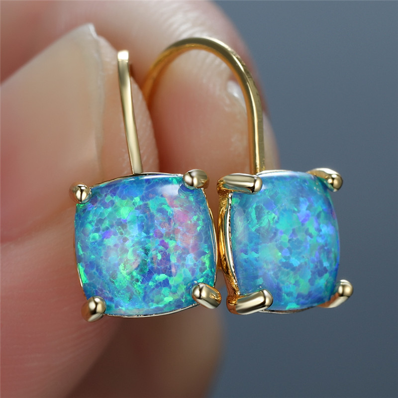 

Womens's Earrings White Blue Fire Opal Earrings Cute Golden Silver Color Wedding Earrings Small Square Crystal Hoop Earrings For Women