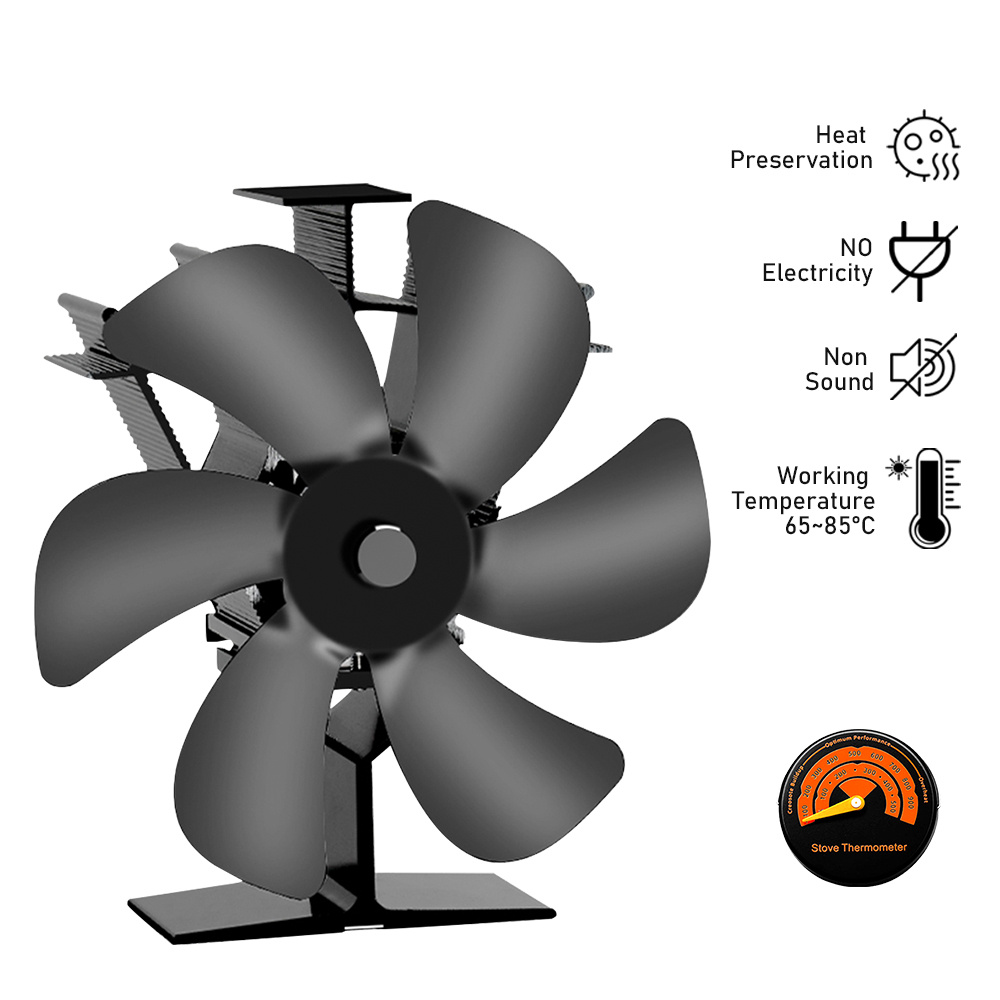 Holldoor Ventilador de estufa de leña de 6 aspas, alimentado por calor,  ventilador de chimenea no eléctrico con estufa superior Termómetro térmico