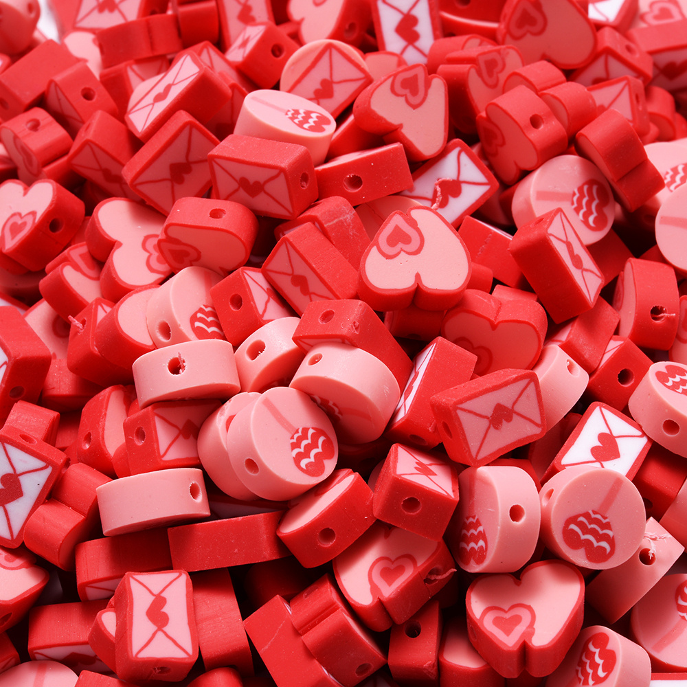 10mm Polymer Clay Beads, Heart Shaped Beads, Valentine Beads, Red