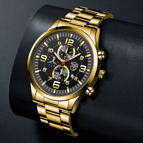 Golden Watch, Large Dial, Men's Watch, Popular Luminous Calendar, Steel Strap, Men's Watch