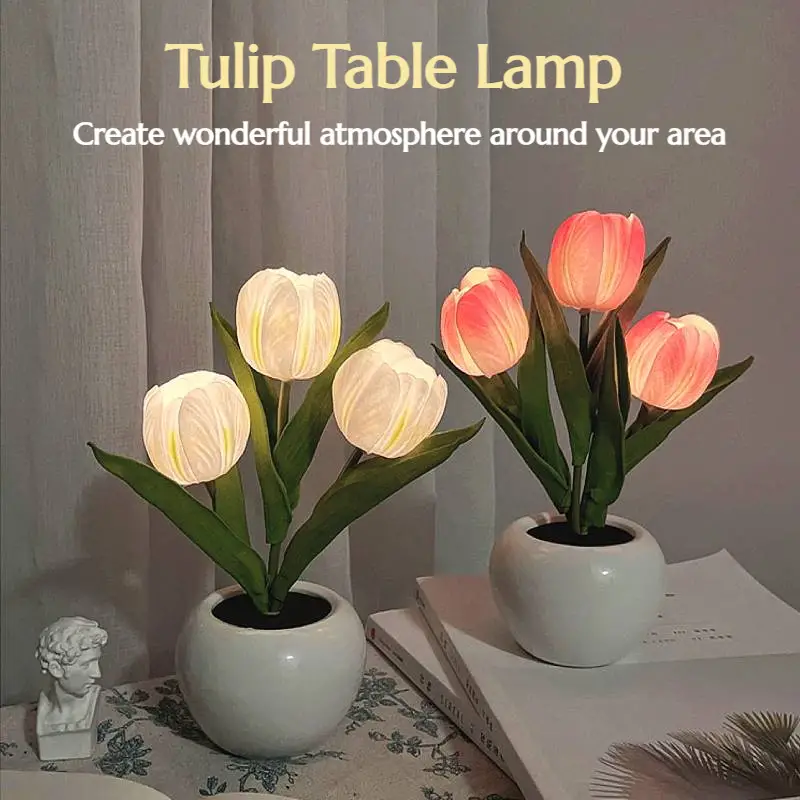 1pc led tulip night light simulation flower table lamp with vase romantic atmosphere lamp for office bar cafe room decor home decoration best mothers day gift details 1