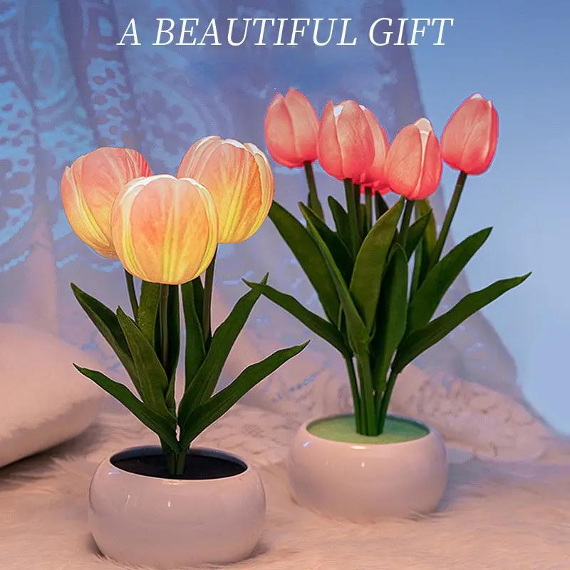 1pc led tulip night light simulation flower table lamp with vase romantic atmosphere lamp for office bar cafe room decor home decoration best mothers day gift details 2