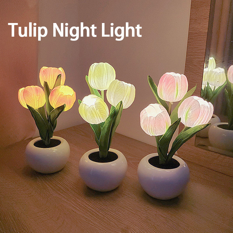 1pc led tulip night light simulation flower table lamp with vase romantic atmosphere lamp for office bar cafe room decor home decoration best mothers day gift details 3
