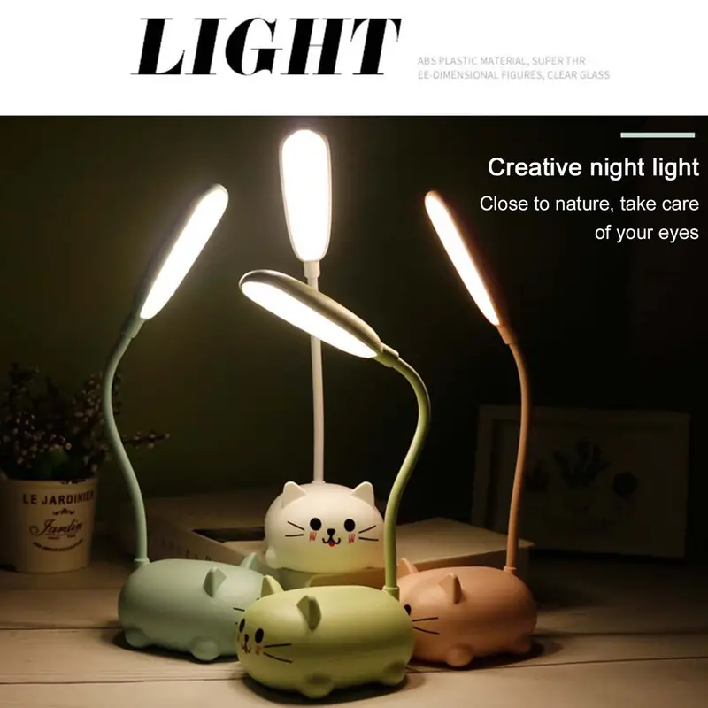 1pc adjustable table lamp cartoon cute cat night light usb rechargeable led table light child eye protection warm white desk lamp details 3