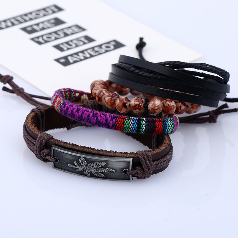 12pcs/set Handmade Braided Leather Bracelets For Men Women Woven Cuff Wrap  Bracelet Wood Beads Ethnic Free Combination Bangle Adjustable