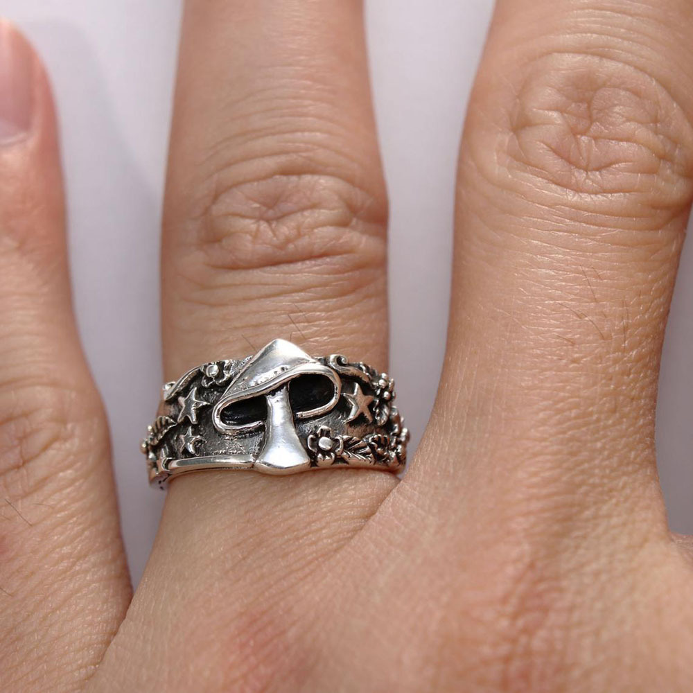 Vintage Punk Silver Mushroom Star Flower Pattern Ring for Men