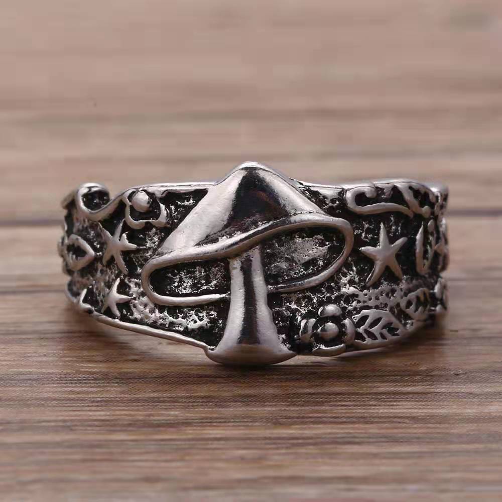 Vintage Punk Silver Mushroom Star Flower Pattern Ring for Men
