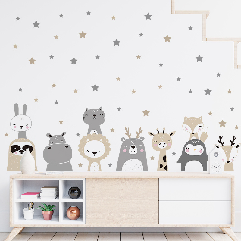 

2pcs Cute Animal Star Wall Stickers - Cartoon Bear And Rabbit Decals For Home Decor And Diy Projects