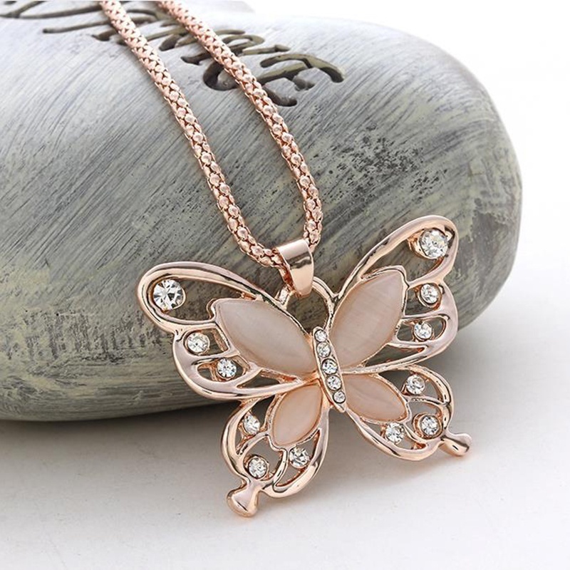rose golden color opal butterfly pendant necklace animal design sweater chain long necklace for women jewelry 0