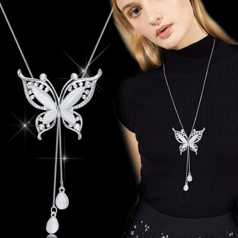 Y Necklace with Butterfly Pendant & Rhinestones