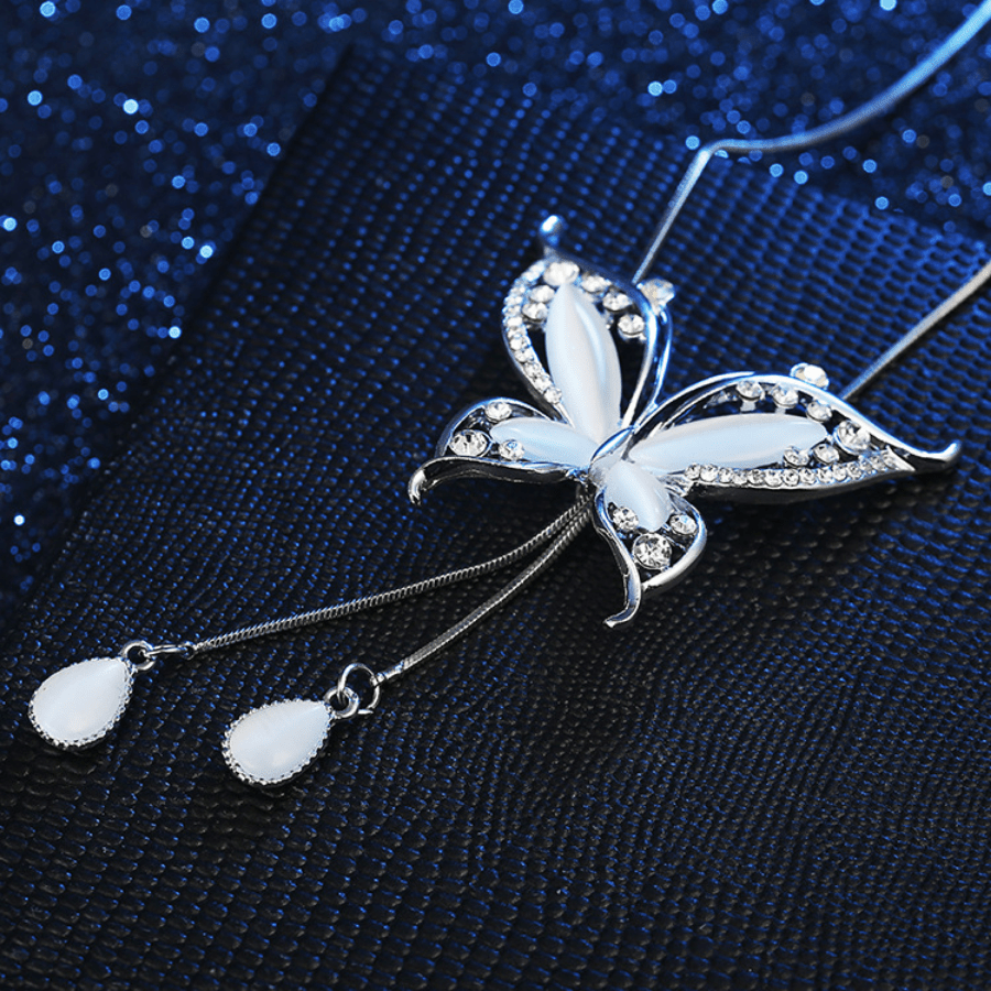 Y Necklace with Butterfly Pendant & Rhinestones