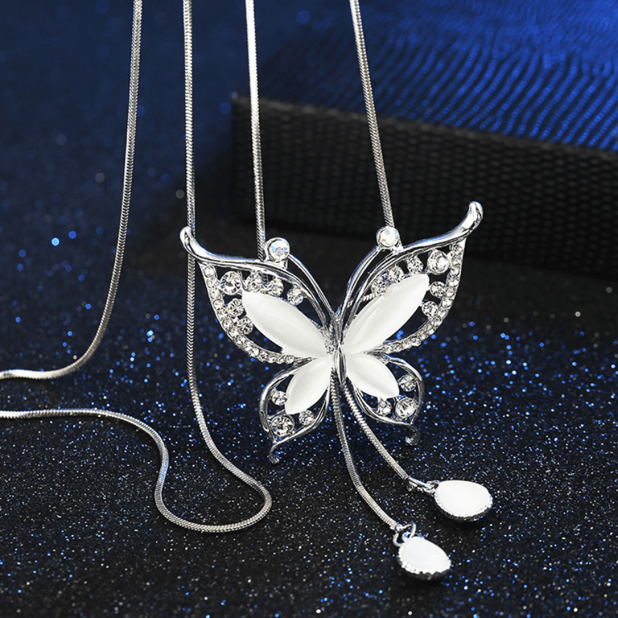 Y Necklace with Butterfly Pendant & Rhinestones