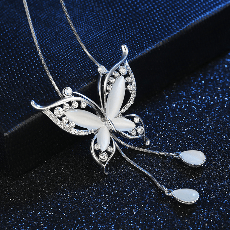 Y Necklace with Butterfly Pendant & Rhinestones