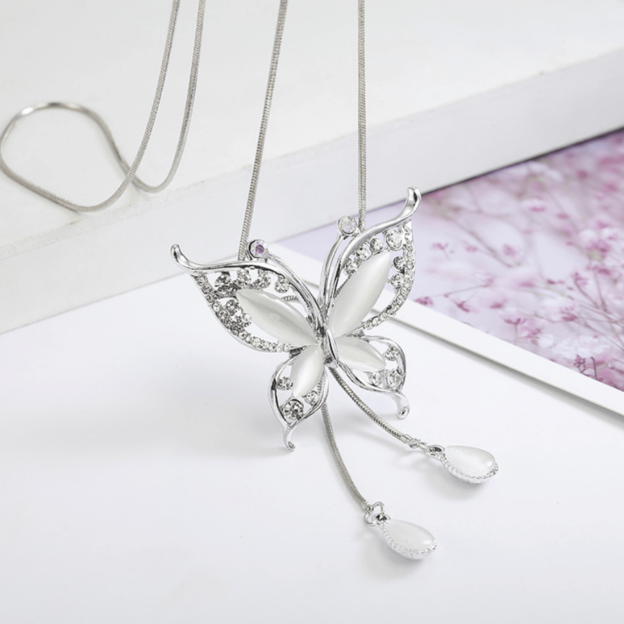 Y Necklace with Butterfly Pendant & Rhinestones
