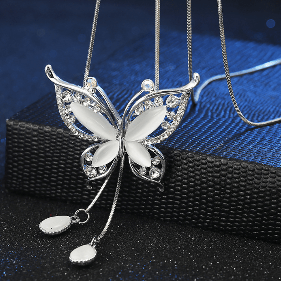 Y Necklace with Butterfly Pendant & Rhinestones