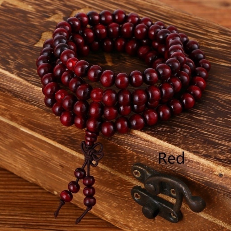 1pc 108 Beads 8mm/0.31'' Natural Sandalwood Buddhist Buddha Wood Prayer  Beaded Knot Black Ebony Bracelets Bangles For Men Wooden Jewelry